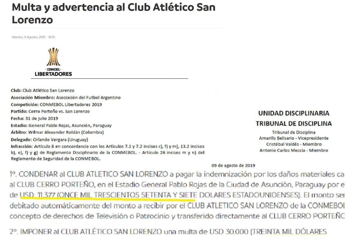 sancion conmebol san lorenzo